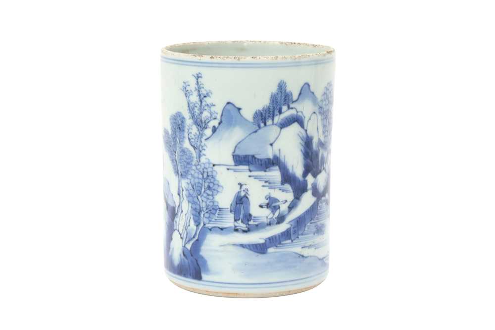 Lot 430 - A CHINESE BLUE AND WHITE 'LANDSCAPE' BRUSH POT, BITONG