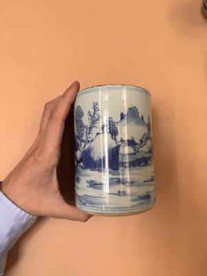 Lot 430 - A CHINESE BLUE AND WHITE 'LANDSCAPE' BRUSH POT, BITONG