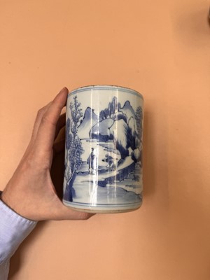 Lot 430 - A CHINESE BLUE AND WHITE 'LANDSCAPE' BRUSH POT, BITONG