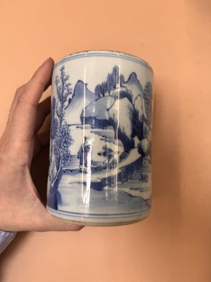 Lot 430 - A CHINESE BLUE AND WHITE 'LANDSCAPE' BRUSH POT, BITONG