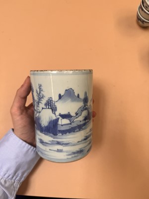 Lot 430 - A CHINESE BLUE AND WHITE 'LANDSCAPE' BRUSH POT, BITONG