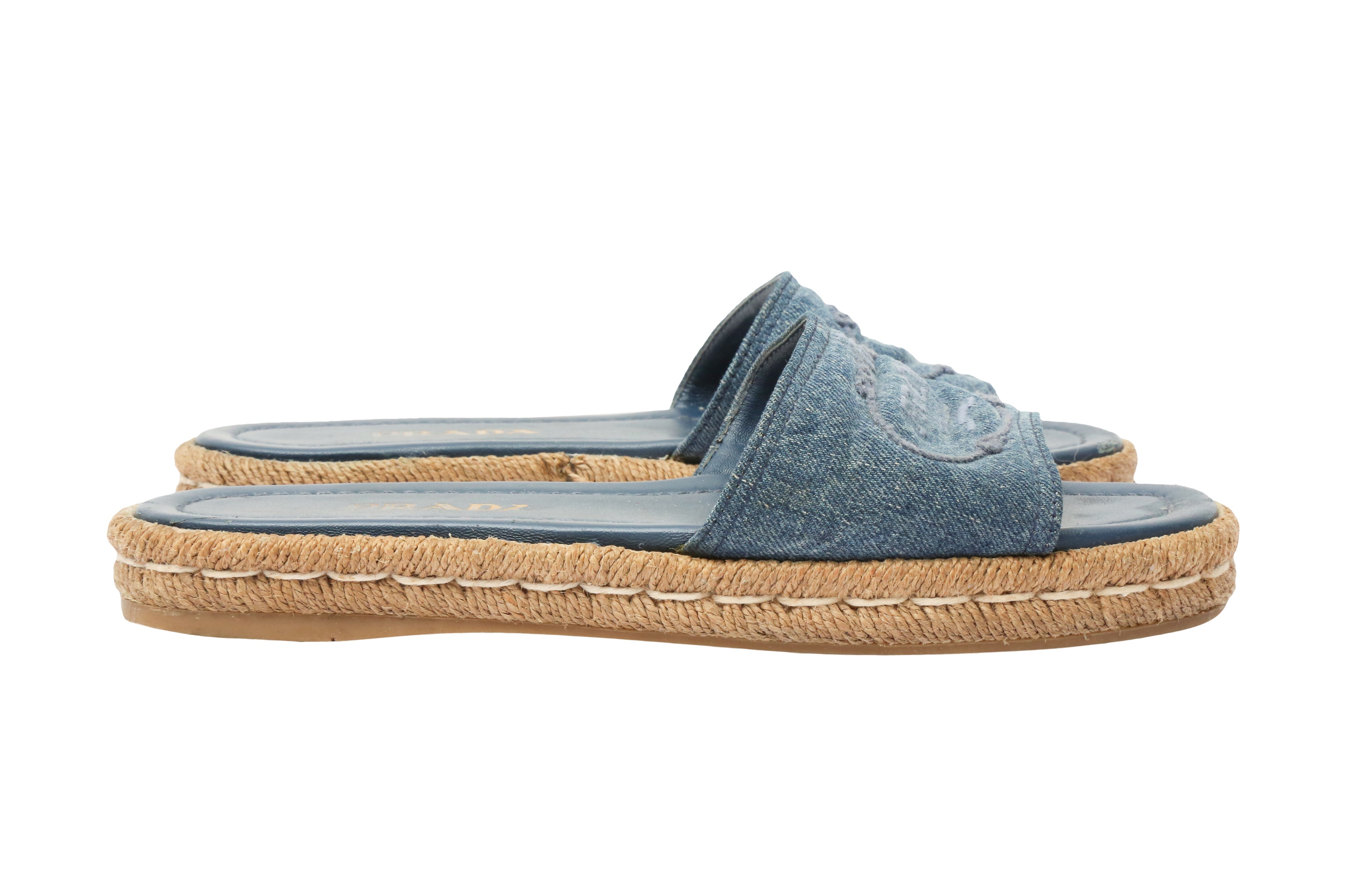 Lot 110 Prada Blue Denim Logo Raffia Slides Size