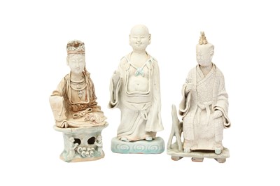 Lot 109 - THREE CHINESE HUTIAN-WARE PART-GLAZED BISCUIT PORCELAIN FIGURES