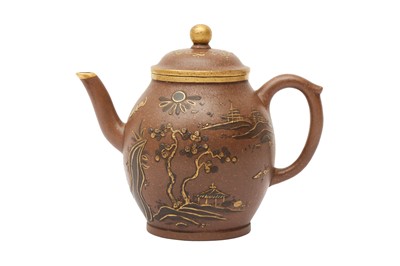 Lot 571 - A CHINESE YIXING ZISHA GILT-DECORATED TEAPOT AND COVER