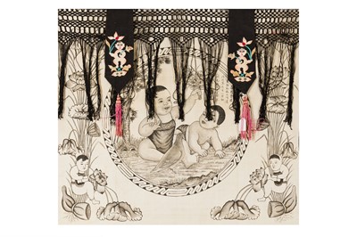 Lot 124 - A Chinese Hand-painted Theatre Curtain, two-panel