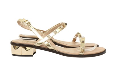 Lot 265 - Valentino Gold Rockstud Block Heeled Sandal - Size 41