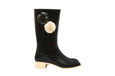 Lot 320 - Chanel Black Rubber Camelia Rain Boot - Size 41