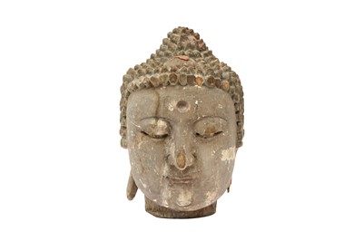 Lot 582 - A LARGE CHINESE CARVED WOOD HEAD OF BUDDHA