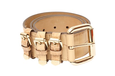 Lot 195 - Versace Beige Crocodile Triple Buckle Belt - Size 85