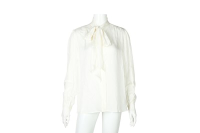 Lot 336 - Saint Laurent Ivory Silk Pussy Bow Blouse - Size 40