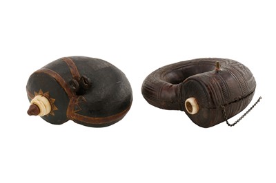 Lot 147 - AN EARLY 19TH CENTURY MUGHAL INDIAN LEATHER POWDER FLASK AND ANOTHER SIMILAR FLASK