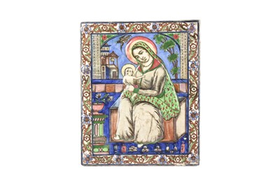 Lot 110 - A LARGE 19TH CENTURY MOULDED PERSIAN QAJAR TILE DEPICTING MARY AND BABY JESUS
