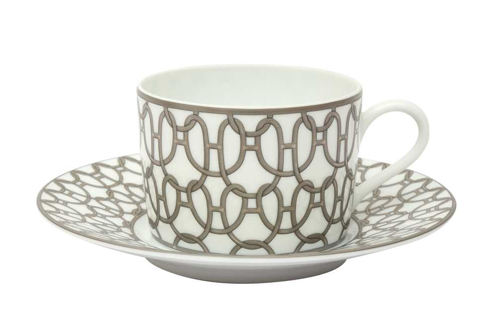 Lot 404 - Hermes 'Fil d'Argent' White Teacups and Saucers