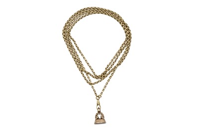 Lot 50 - A GILT METAL LONG CHAIN AND A FOB SEAL