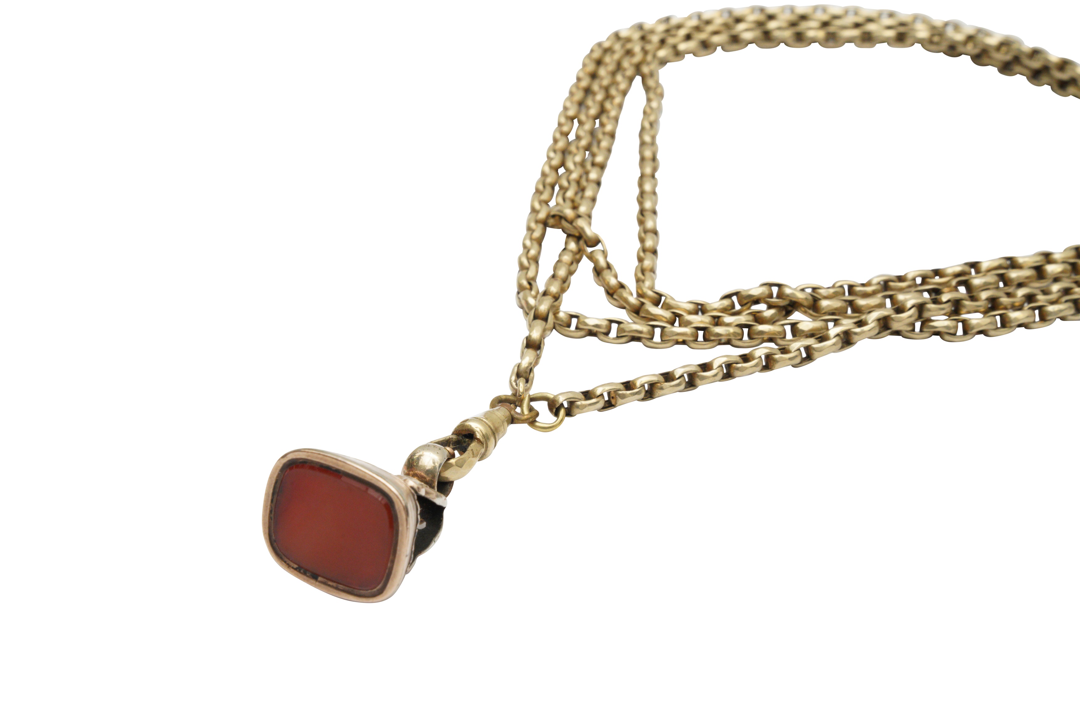 Lot 351 - A GILT METAL LONG CHAIN AND A FOB SEAL