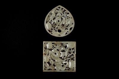 Lot 131 - TWO CHINESE RETICULATED WHITE JADE 'DRAGON AND LYCHEES' BELT PLAQUES