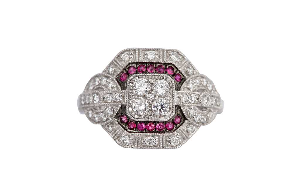 Lot 45 - A RUBY AND DIAMOND GEOMETRIC RING