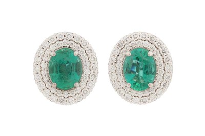 Lot 65 - A PAIR OF EMERALD AND DIAMOND EARRINGS