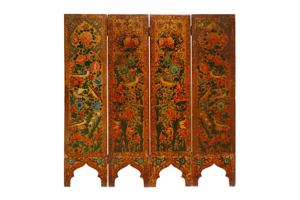 Lot 11 - A 19TH CENTURY PERSIAN FOLDING FOUR PANEL SCREEN