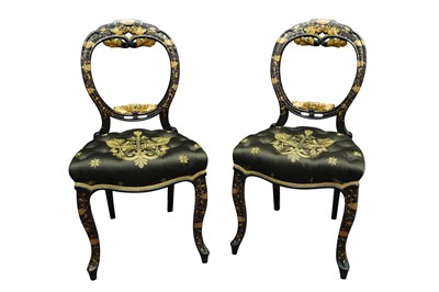 Lot 54 - A PAIR OF JAPANESE INSPIRED BLACK LACQUERED BALLOON BACK SIDE CHAIRS, 19TH CENTURY