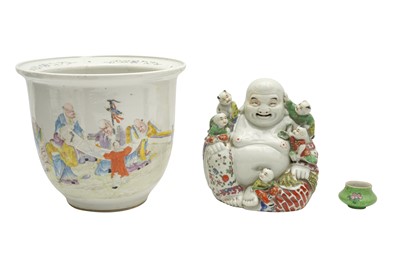 Lot 645 - A CHINESE FAMILLE-ROSE JARDINIERE, FIGURE OF BUDDHA, AND A SMALL POT