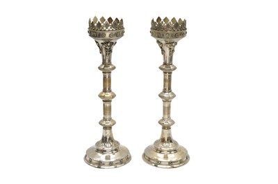 Lot 78 - A PAIR OF 20TH CENTURY GOTHIC REVIVAL ECCLESIASTICAL SILVER PLATED PRICKET CANDLESTICKS