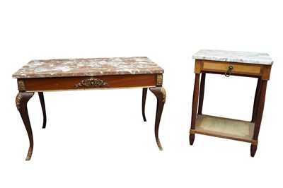 Lot 76 - A FRENCH MARBLE-TOP COFFEE TABLE AND A MARBLE-TOP SIDE TABLE