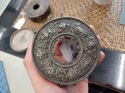 Lot 189 - A TIBETAN SILVER 'EIGHT AUSPICIOUS SYMBOLS' GAU TOGETHER WITH A SILVER AND COPPER 'EIGHT AUSPICIOUS SYMBOLS' GAU