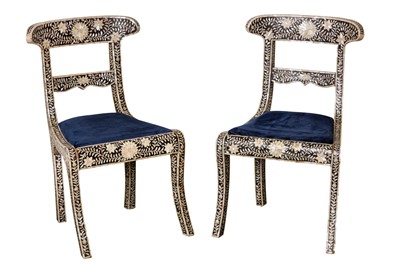 Lot 67 - A PAIR OF ANGLO-INDIAN REGENCY STYLE MOTHER OF PEARL INLAID BAR BACK SIDE CHAIRS