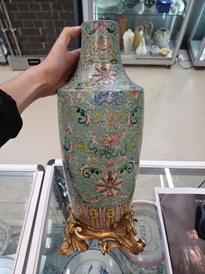 Lot 490 - A CHINESE GILT-MOUNTED FAMILLE-ROSE TURQUOISE-GROUND 'LOTUS' VASE