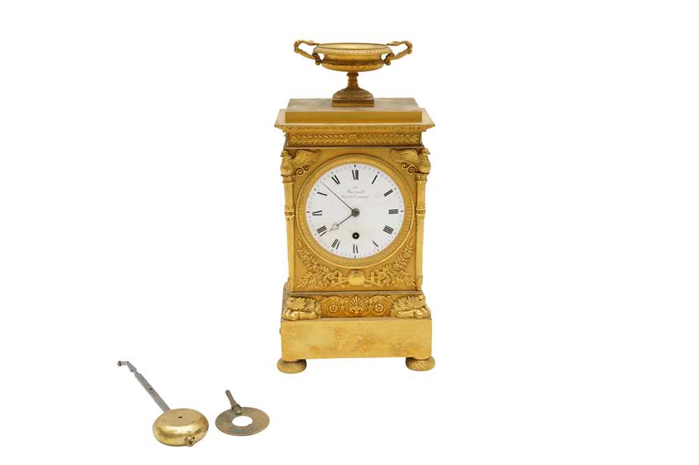 Lot 97 - A 19TH CENTURY ORMOLU FUSEE MANTLE CLOCK