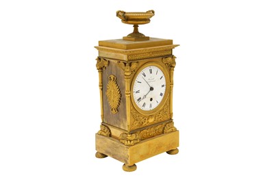 Lot 97 - A 19TH CENTURY ORMOLU FUSEE MANTLE CLOCK