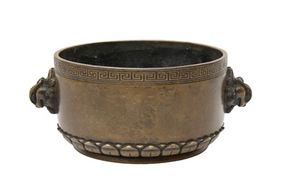Lot 168 - A CHINESE BRONZE CENSER WITH LION-HEAD HANDLES