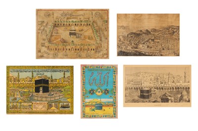 Lot 106 - FIVE CHROMOLITHOGRAPHED HAJJ CERTIFICATES AND SOUVENIR POSTERS OF MECCA