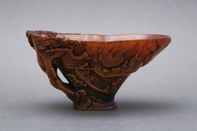 Lot 174 - A FINE CHINESE RHINOCEROS HORN 'SCHOLAR AND PINE' LIBATION CUP