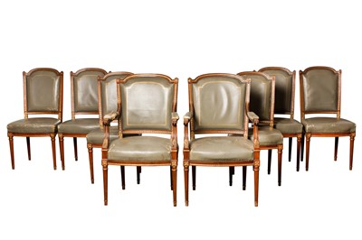 Lot 71 - SIMON LOSCERTALES BONA, SPAIN; A SET OF EIGHT LOUIS XVI STYLE STAINED BEECH AND PARCEL GILT DINING CHAIRS