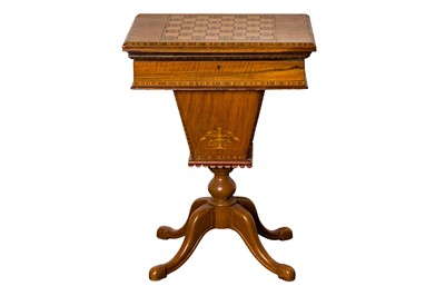 Lot 66 - AN ITALIAN SORRENTO FIGURED WALNUT AND MARQUETRY INLAID WORK AND GAMES TABLE, LATE 19TH CENTURY