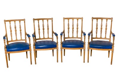 Lot 74 - SIMON LOSCERTALES BONA, SPAIN; A SET OF FOUR FOUR FRENCH STYLE OPEN ARMCHAIRS, MID 20TH CENTURY