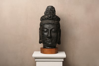 Lot 210 - AN IMPRESSIVE AND FINE CHINESE CARVED GREY STONE HEAD OF THE AVALOKITESHVARA BODHISATTVA, GUANYIN