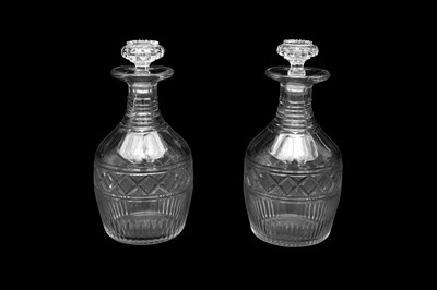 Lot 43 - A PAIR OF GEORGE III CUT GLASS DECANTERS OF MALLET SHAPE, CIRCA 1800