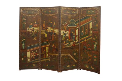Lot 21 - A DUTCH CHINOISERIE POLYCHROME PAINTED LEATHER FOUR PANEL ROOM SCREEN