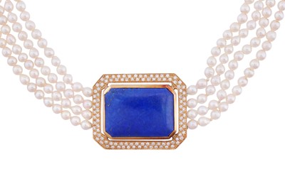 Lot 228 - A LAPIS LAZULI, PEARL AND DIAMOND CHOKER