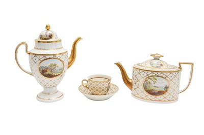 Lot 634 - A REGENCY MINTON BONE CHINA COFFEE POT, TEA POT, CUP AND SAUCER, CIRCA 1810