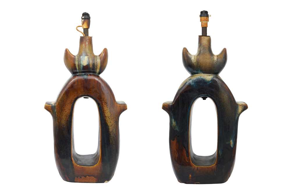 Lot 84 - A PAIR OF UNUSUAL POTTERY FLOOR LAMPS