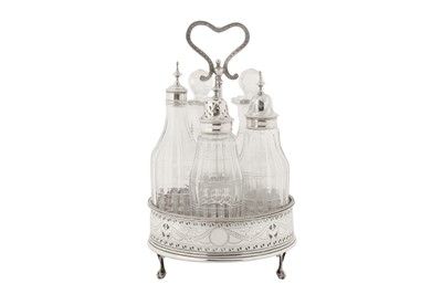 Lot 393 - A George III sterling silver five bottle cruet, London 1783 by Hester Bateman