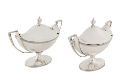 Lot 404 - A pair of George III sterling silver sauce tureens, London 1803 by John Emes (this mark reg. 10th Jan 1798)