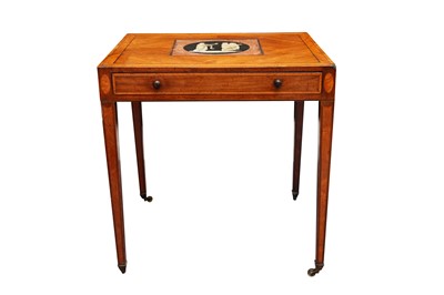 Lot 7 - A GEORGE III SHERATON STYLE MAHOGANY, SATINWOOD CROSS BANDED AND SCAGLIOLA INLAID SIDE TABLE