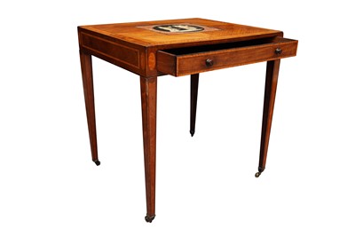 Lot 7 - A GEORGE III SHERATON STYLE MAHOGANY, SATINWOOD CROSS BANDED AND SCAGLIOLA INLAID SIDE TABLE