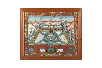 Lot 105 - A 20TH CENTURY REVERSE GLASS PAINTING OF MECCA