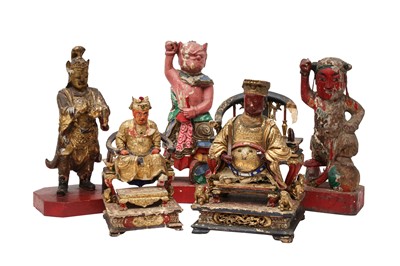 Lot 607 - FIVE CHINESE LACQUERED AND PAINTED WOOD FIGURES